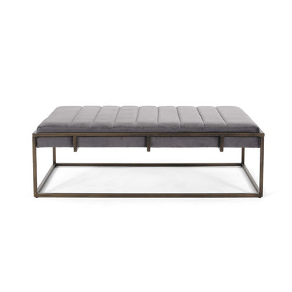 Benjara Shami Ottoman Bench, Gray Velvet Stitch Tufting, Gold Iron, 49 Inch