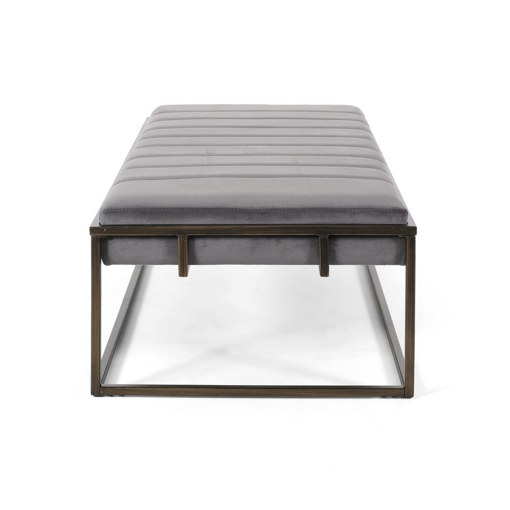 Benjara Shami Ottoman Bench, Gray Velvet Stitch Tufting, Gold Iron, 49 Inch