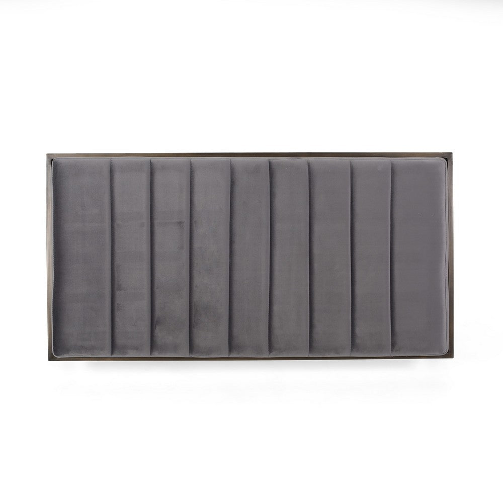 Benjara Shami Ottoman Bench, Gray Velvet Stitch Tufting, Gold Iron, 49 Inch