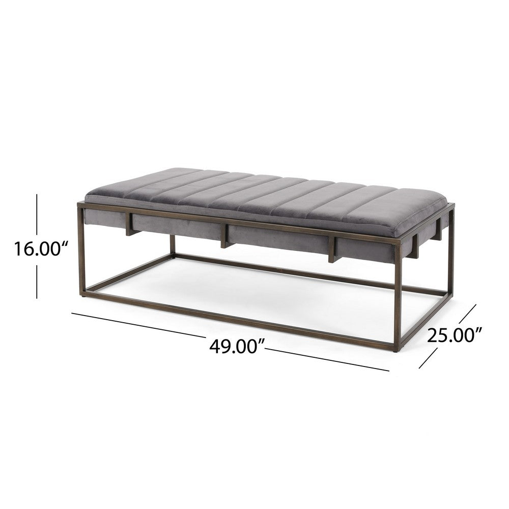 Benjara Shami Ottoman Bench, Gray Velvet Stitch Tufting, Gold Iron, 49 Inch