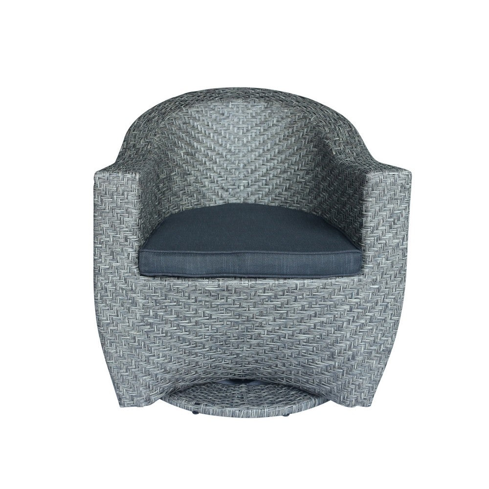 Benjara Nicki Outdoor Swivel Chair, Gray Rattan Wicker, Black Fabric Cushion