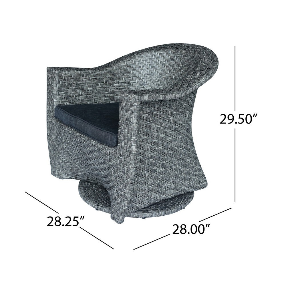 Benjara Nicki Outdoor Swivel Chair, Gray Rattan Wicker, Black Fabric Cushion