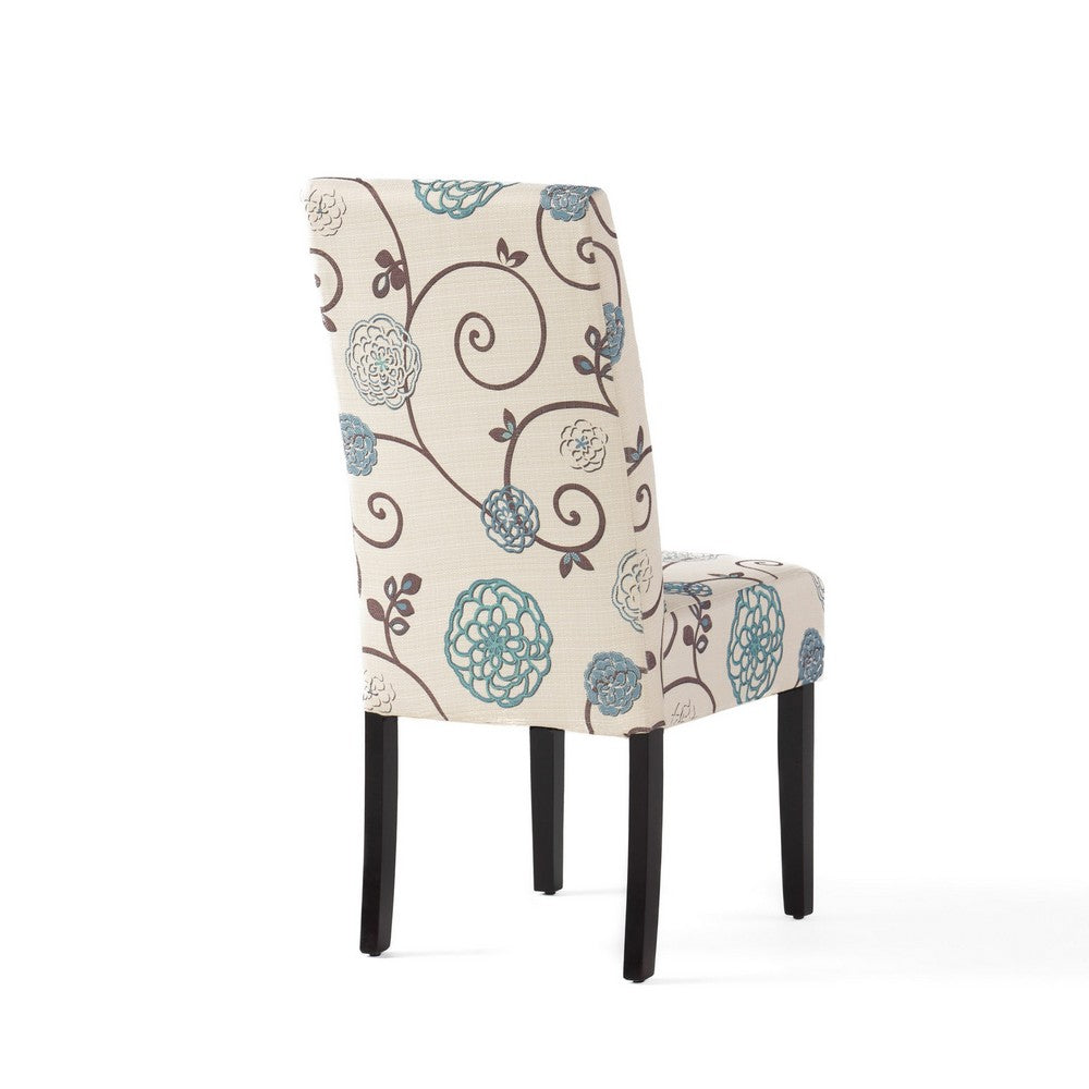 Benjara Dining Chair Set of 2, Beige Fabric, Soft Cushions, Black Rubberwood