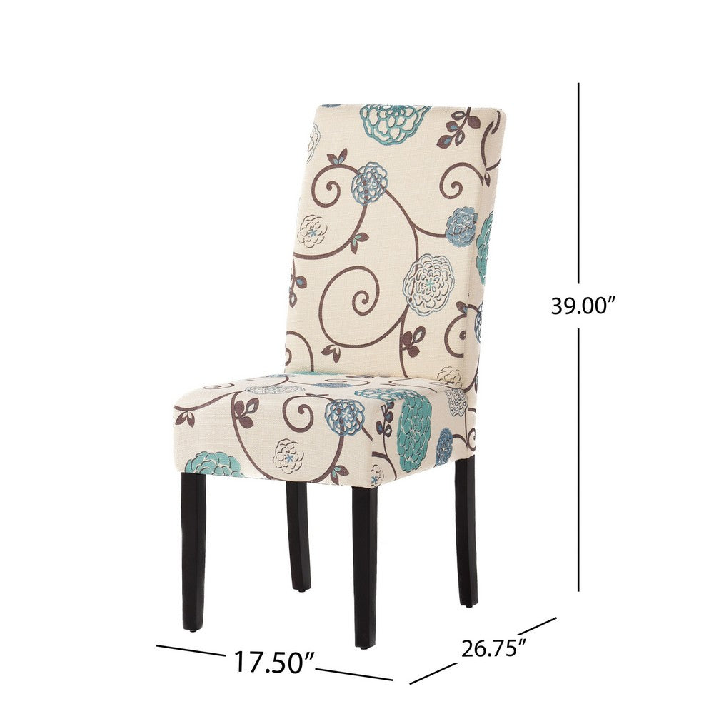 Benjara Dining Chair Set of 2, Beige Fabric, Soft Cushions, Black Rubberwood