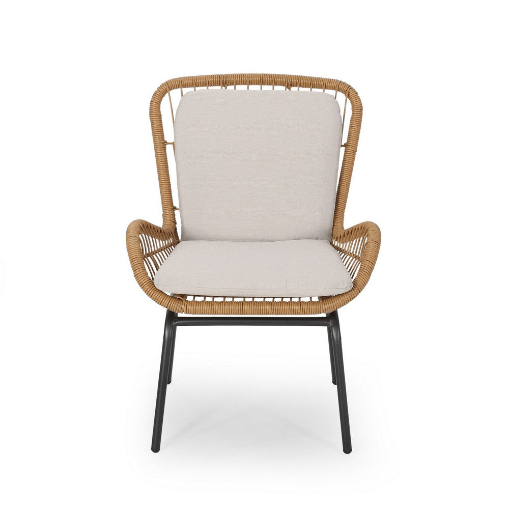 Benjara Outdoor Accent Chair Set of 2, White Fabric, Brown Faux Rattan, Black