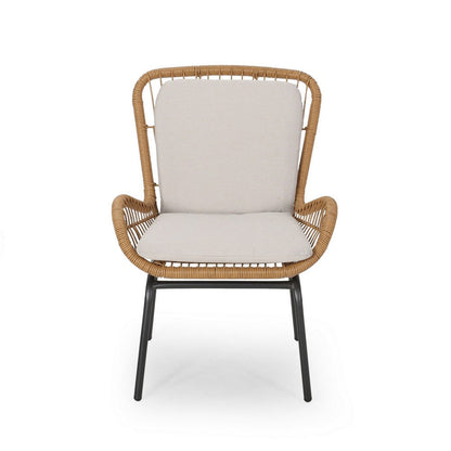 Benjara Outdoor Accent Chair Set of 2, White Fabric, Brown Faux Rattan, Black