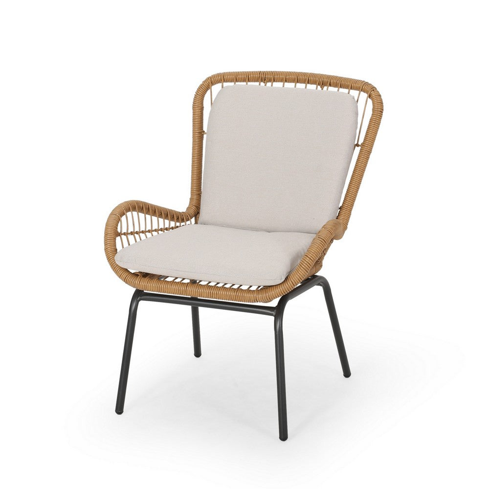Benjara Outdoor Accent Chair Set of 2, White Fabric, Brown Faux Rattan, Black