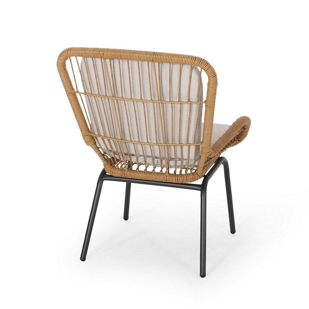 Benjara Outdoor Accent Chair Set of 2, White Fabric, Brown Faux Rattan, Black