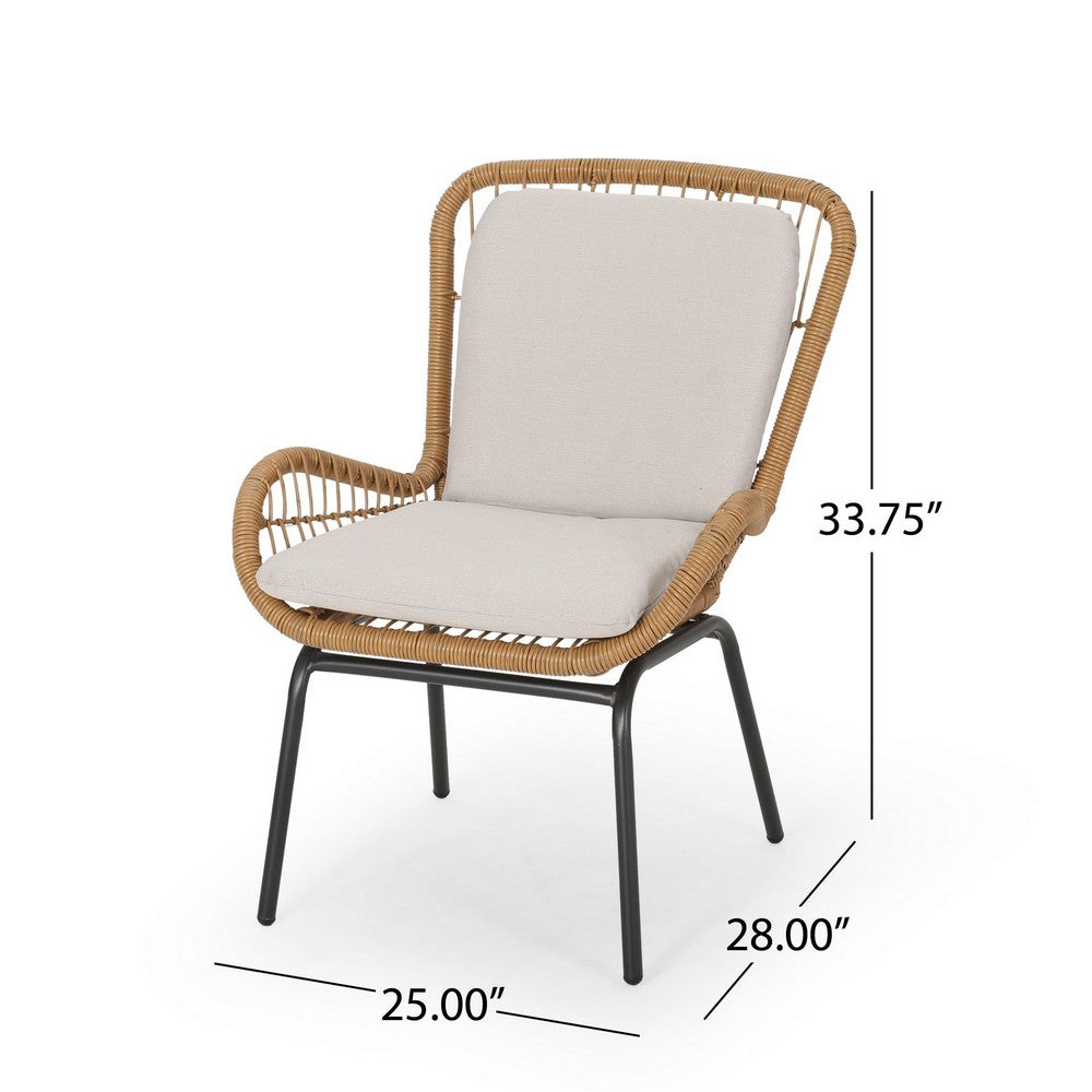 Benjara Outdoor Accent Chair Set of 2, White Fabric, Brown Faux Rattan, Black