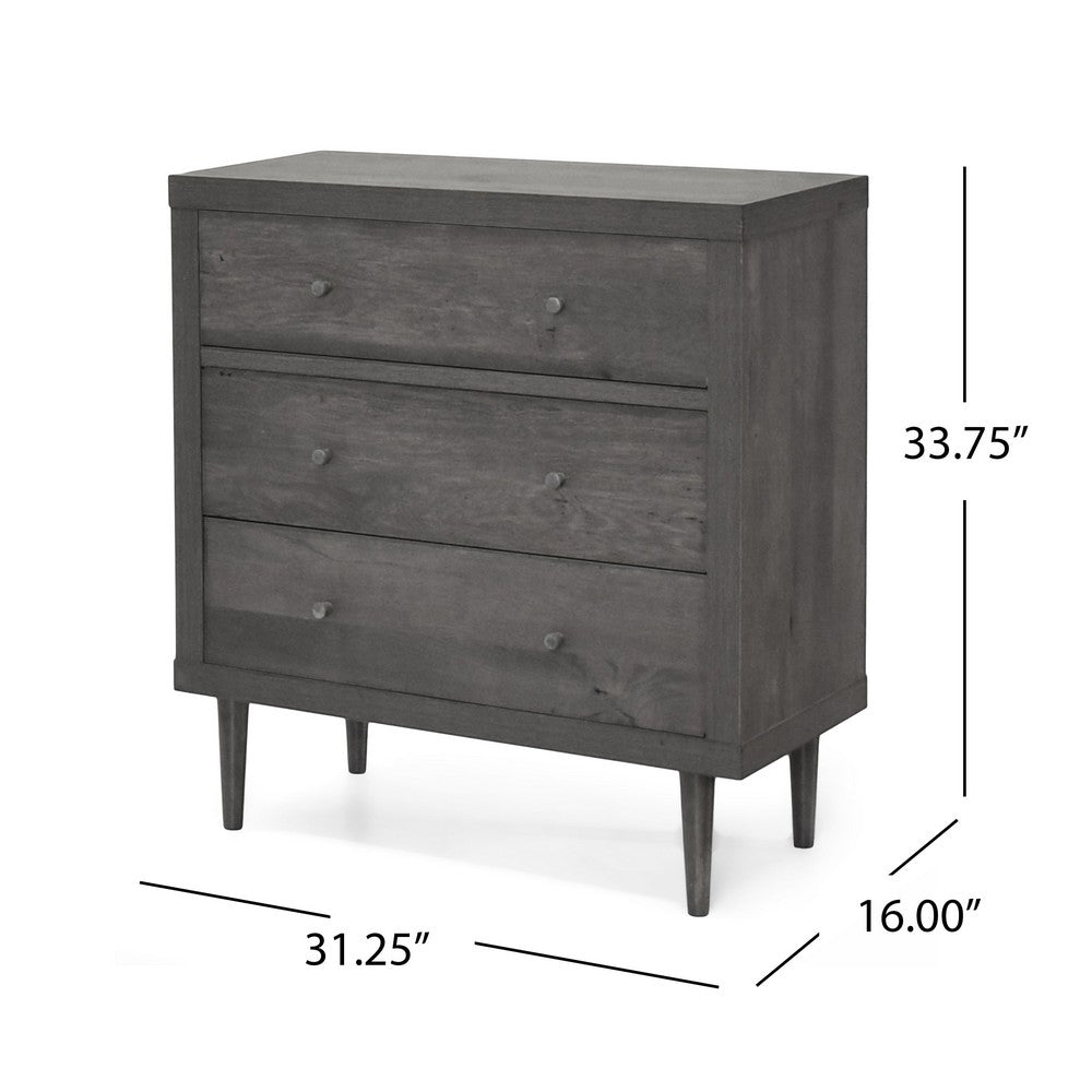 Benjara Raya Tall Dresser Chest, 3 Drawers And Rubberwood Legs, Modern Gray
