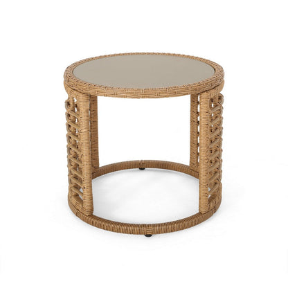 Benjara Round Side Table, 18 Inch Tempered Glass Top, Steel, Brown Faux Rattan