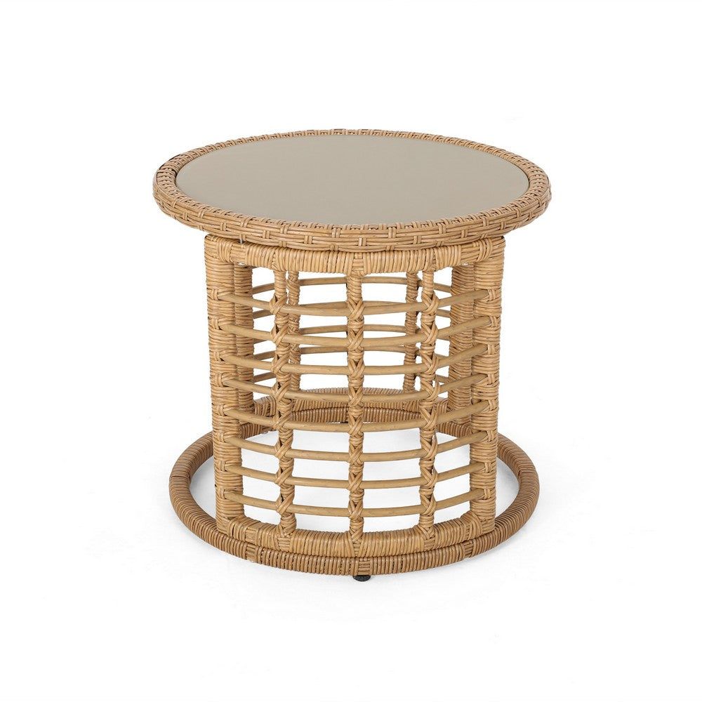 Benjara Round Side Table, 18 Inch Tempered Glass Top, Steel, Brown Faux Rattan