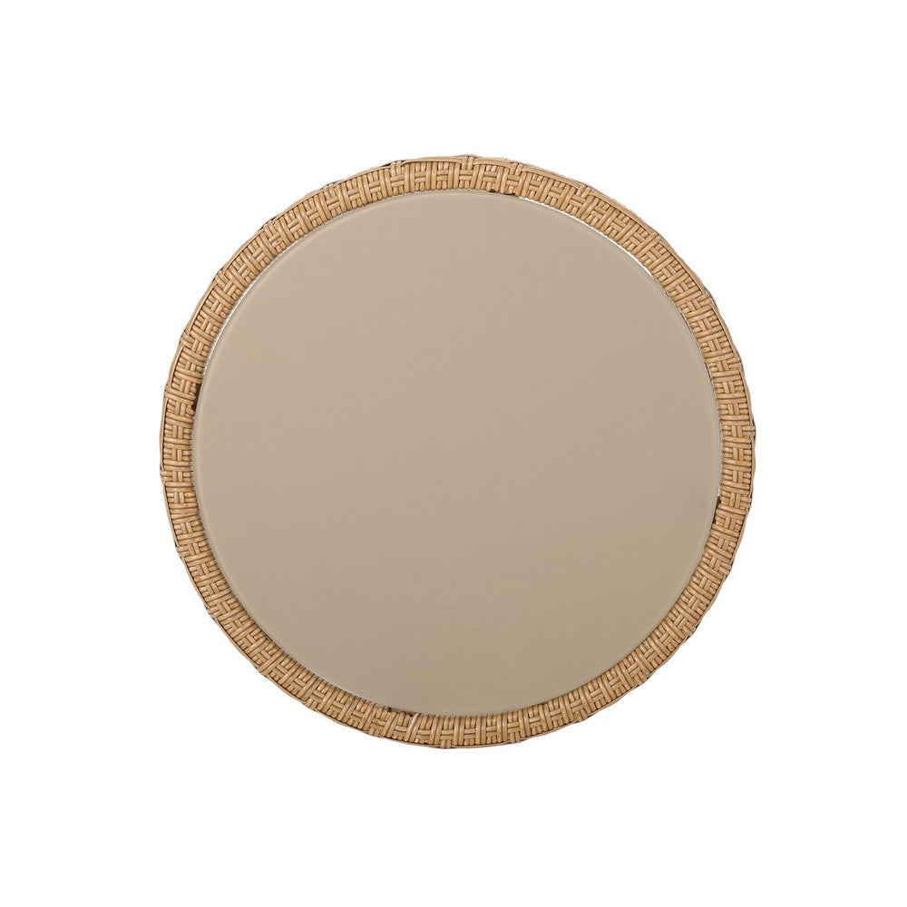 Benjara Round Side Table, 18 Inch Tempered Glass Top, Steel, Brown Faux Rattan