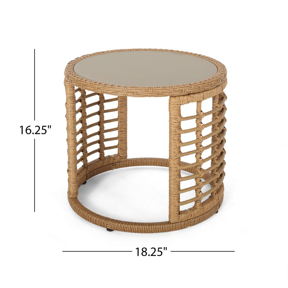 Benjara Round Side Table, 18 Inch Tempered Glass Top, Steel, Brown Faux Rattan