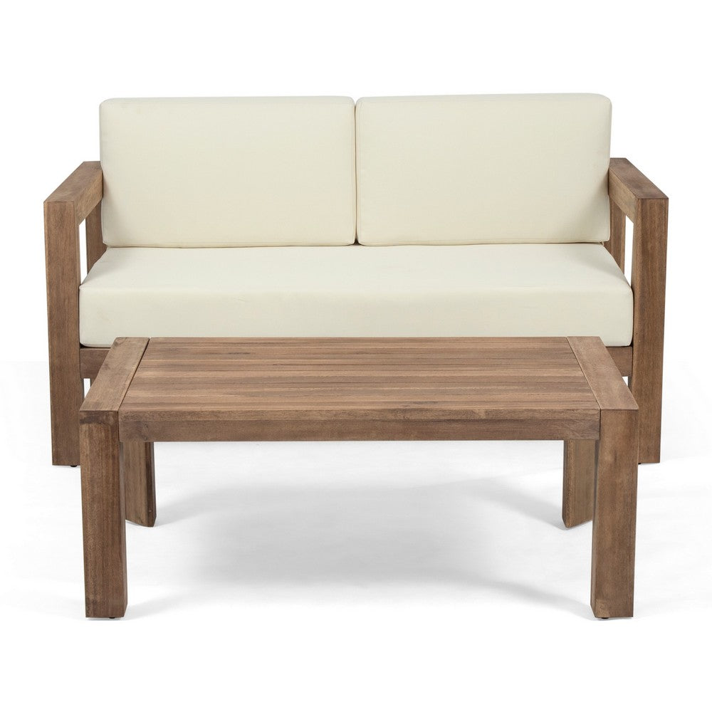 Benjara Outdoor Loveseat And Coffee Table Set, Beige Fabric, Brown Acacia Wood