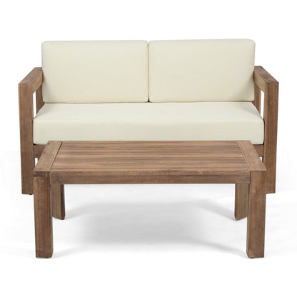 Benjara Outdoor Loveseat And Coffee Table Set, Beige Fabric, Brown Acacia Wood