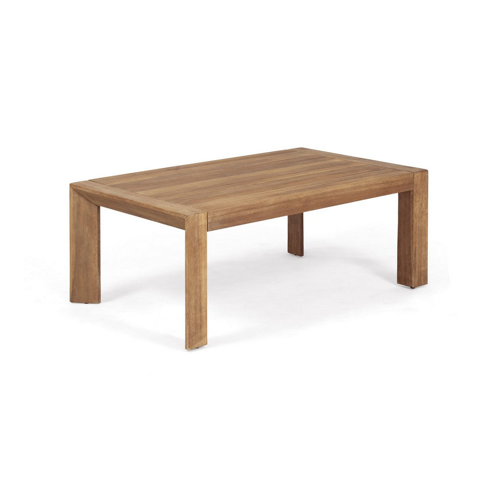 Benjara Outdoor Loveseat And Coffee Table Set, Beige Fabric, Brown Acacia Wood
