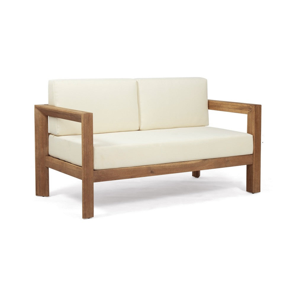 Benjara Outdoor Loveseat And Coffee Table Set, Beige Fabric, Brown Acacia Wood