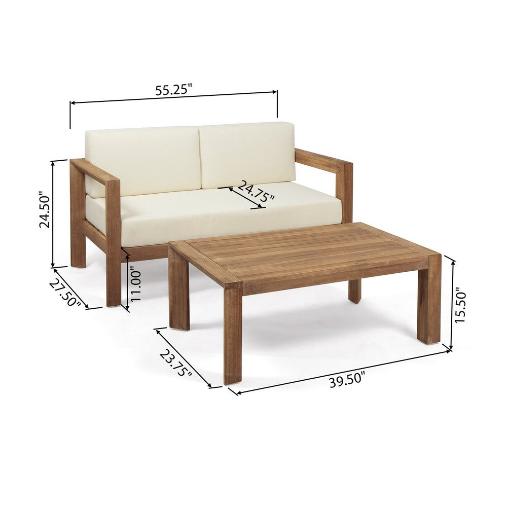 Benjara Outdoor Loveseat And Coffee Table Set, Beige Fabric, Brown Acacia Wood