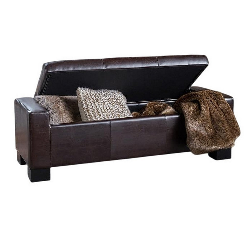 Benjara Liani Ottoman Bench, Storage Top, 50 Inch Dark Brown Bonded Leather