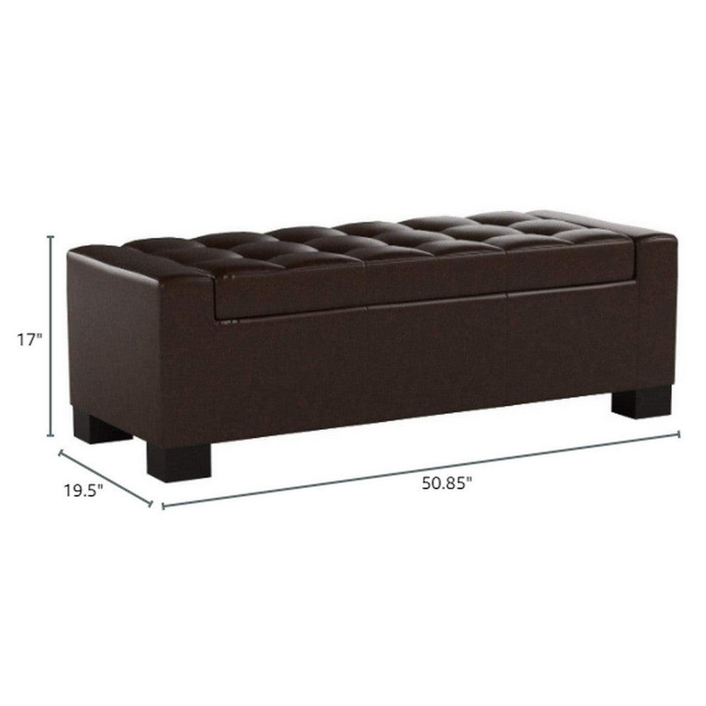 Benjara Liani Ottoman Bench, Storage Top, 50 Inch Dark Brown Bonded Leather