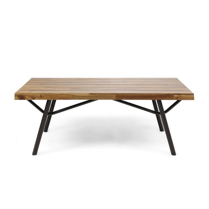Benjara Patio Coffee Table, Slatted Top, Brown Iron, 50 Inch Teak Brown Acacia