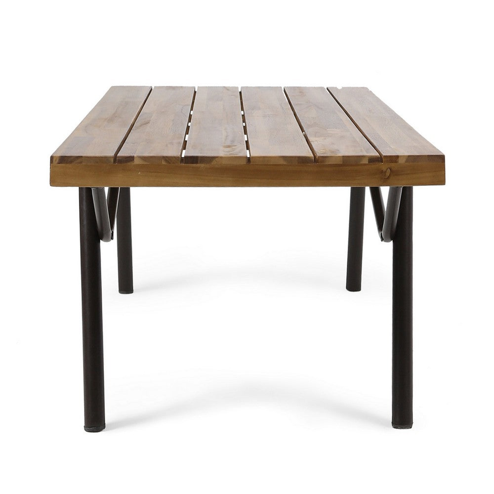 Benjara Patio Coffee Table, Slatted Top, Brown Iron, 50 Inch Teak Brown Acacia