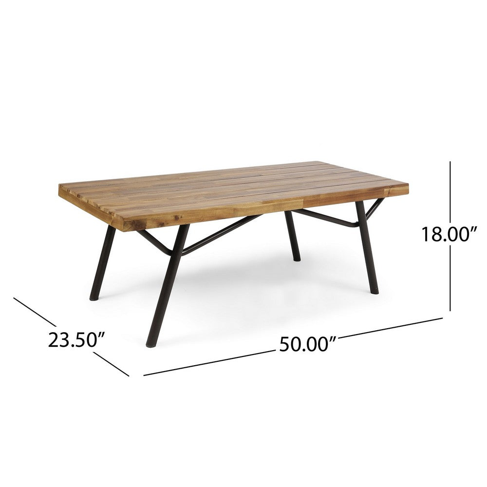Benjara Patio Coffee Table, Slatted Top, Brown Iron, 50 Inch Teak Brown Acacia