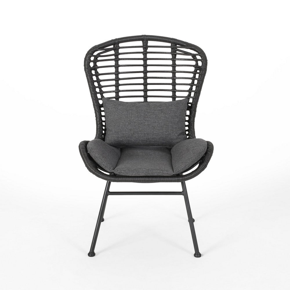 Benjara Outdoor Round Accent Chair Set of 2, Gray Faux Rattan, Black Iron