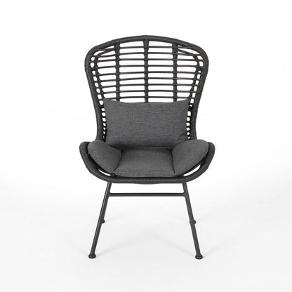 Benjara Outdoor Round Accent Chair Set of 2, Gray Faux Rattan, Black Iron