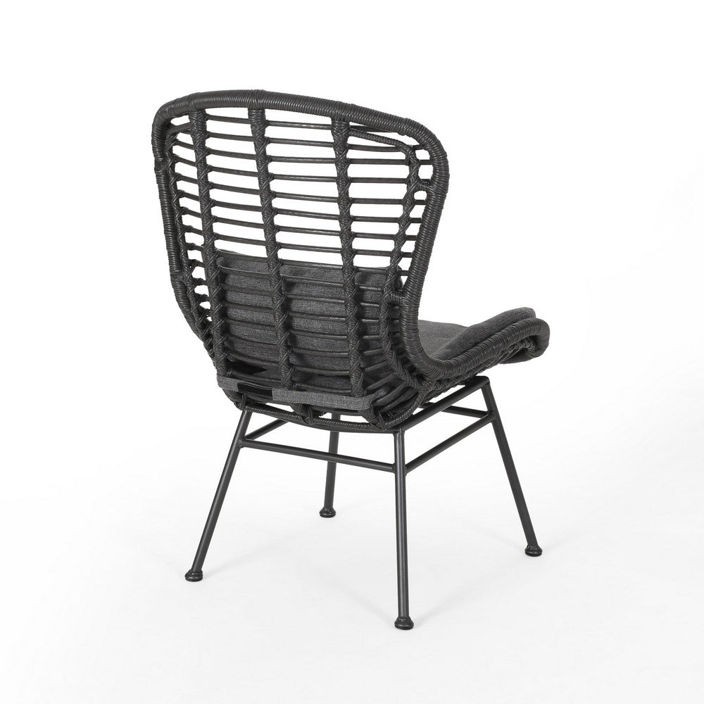 Benjara Outdoor Round Accent Chair Set of 2, Gray Faux Rattan, Black Iron