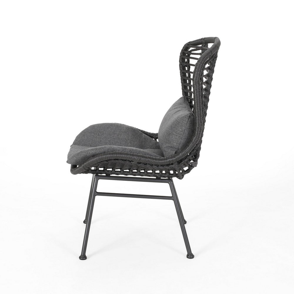 Benjara Outdoor Round Accent Chair Set of 2, Gray Faux Rattan, Black Iron