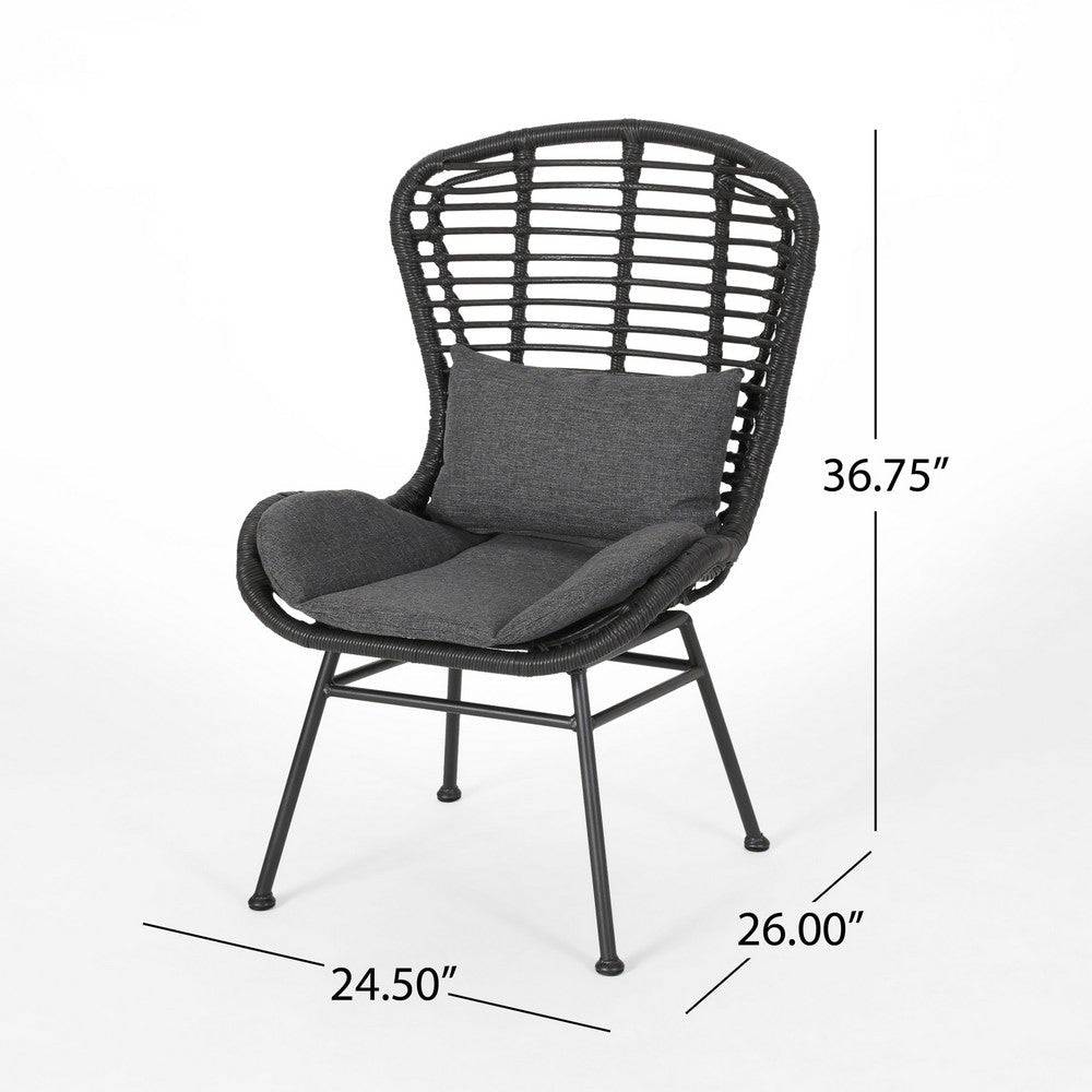 Benjara Outdoor Round Accent Chair Set of 2, Gray Faux Rattan, Black Iron