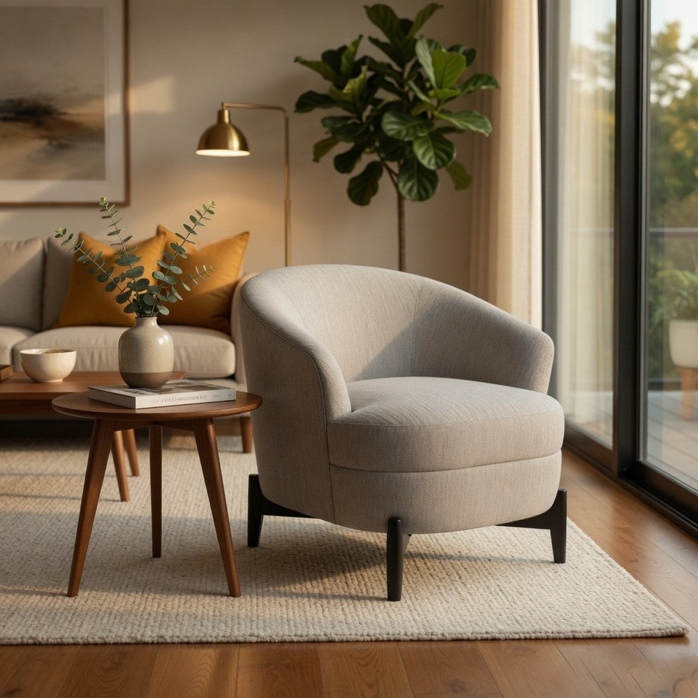 Benjara Olie Accent Club Chair, Barrel Style, Boucle Gray Fabric, Cross Base