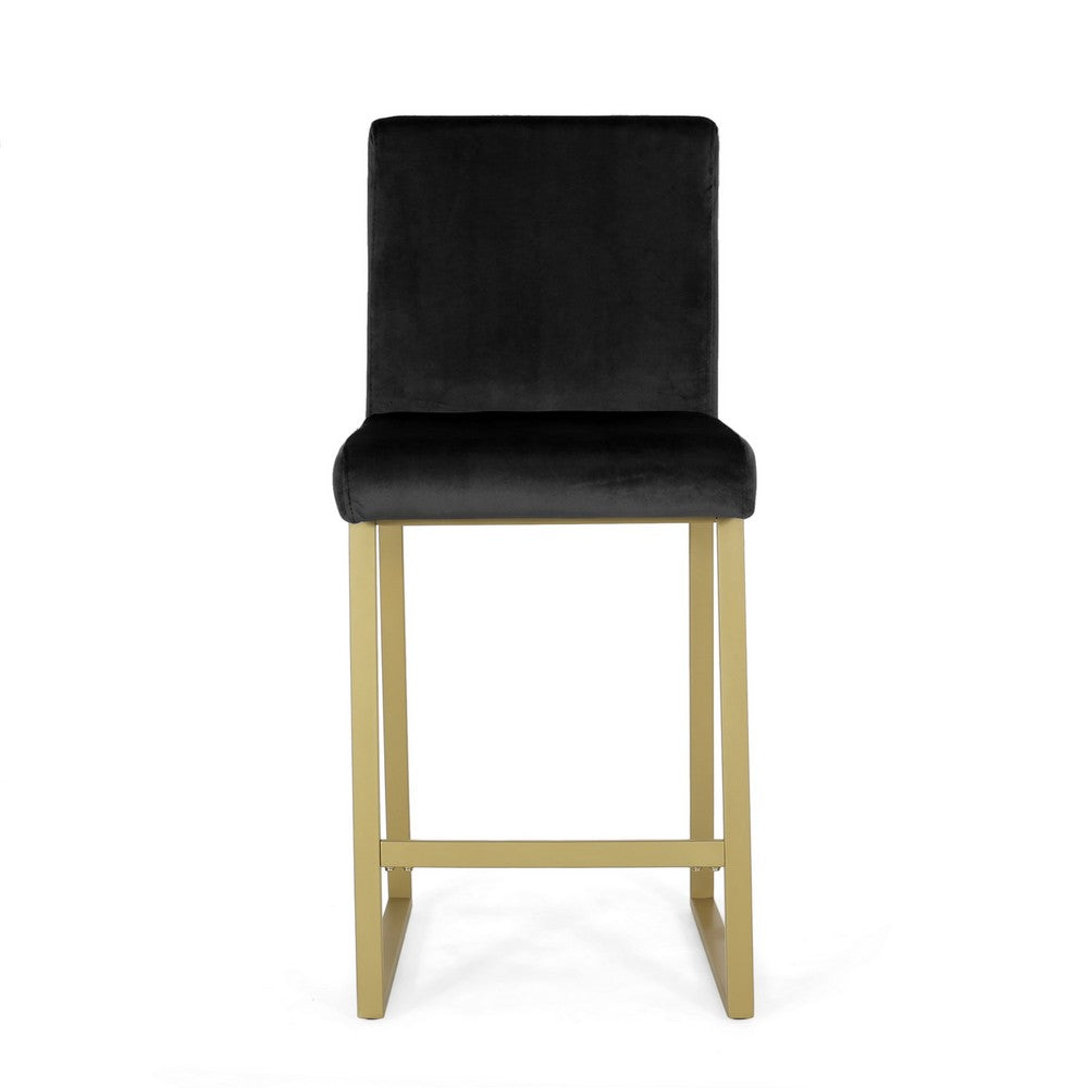 Benjara Counter Stool Chair Set of 2, Gold Sled Metal Base, Black Velvet