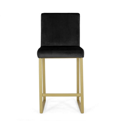 Benjara Counter Stool Chair Set of 2, Gold Sled Metal Base, Black Velvet