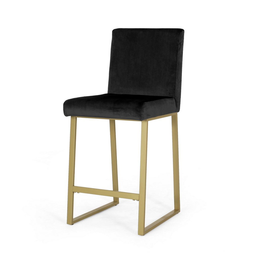 Benjara Counter Stool Chair Set of 2, Gold Sled Metal Base, Black Velvet