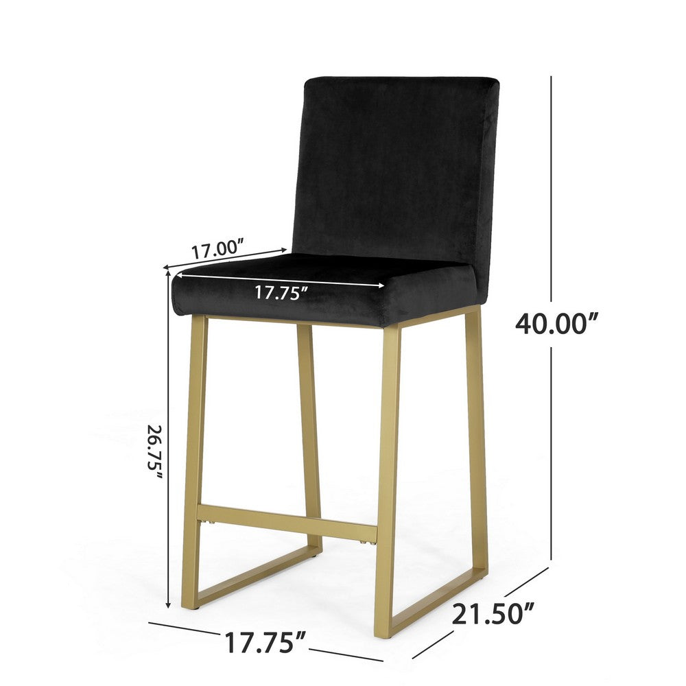 Benjara Counter Stool Chair Set of 2, Gold Sled Metal Base, Black Velvet