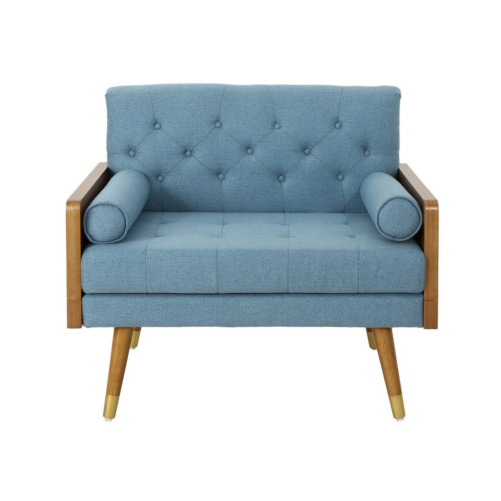 Benjara Lita Wide Accent Club Chair, Tufted, Blue Fabric, Brown Wood Frame