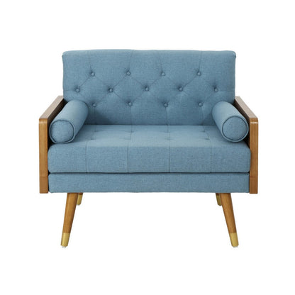 Benjara Lita Wide Accent Club Chair, Tufted, Blue Fabric, Brown Wood Frame