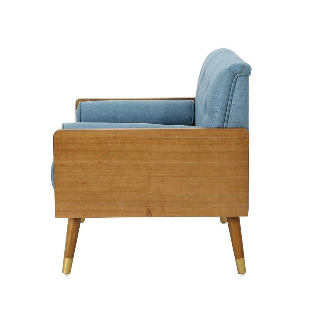 Benjara Lita Wide Accent Club Chair, Tufted, Blue Fabric, Brown Wood Frame
