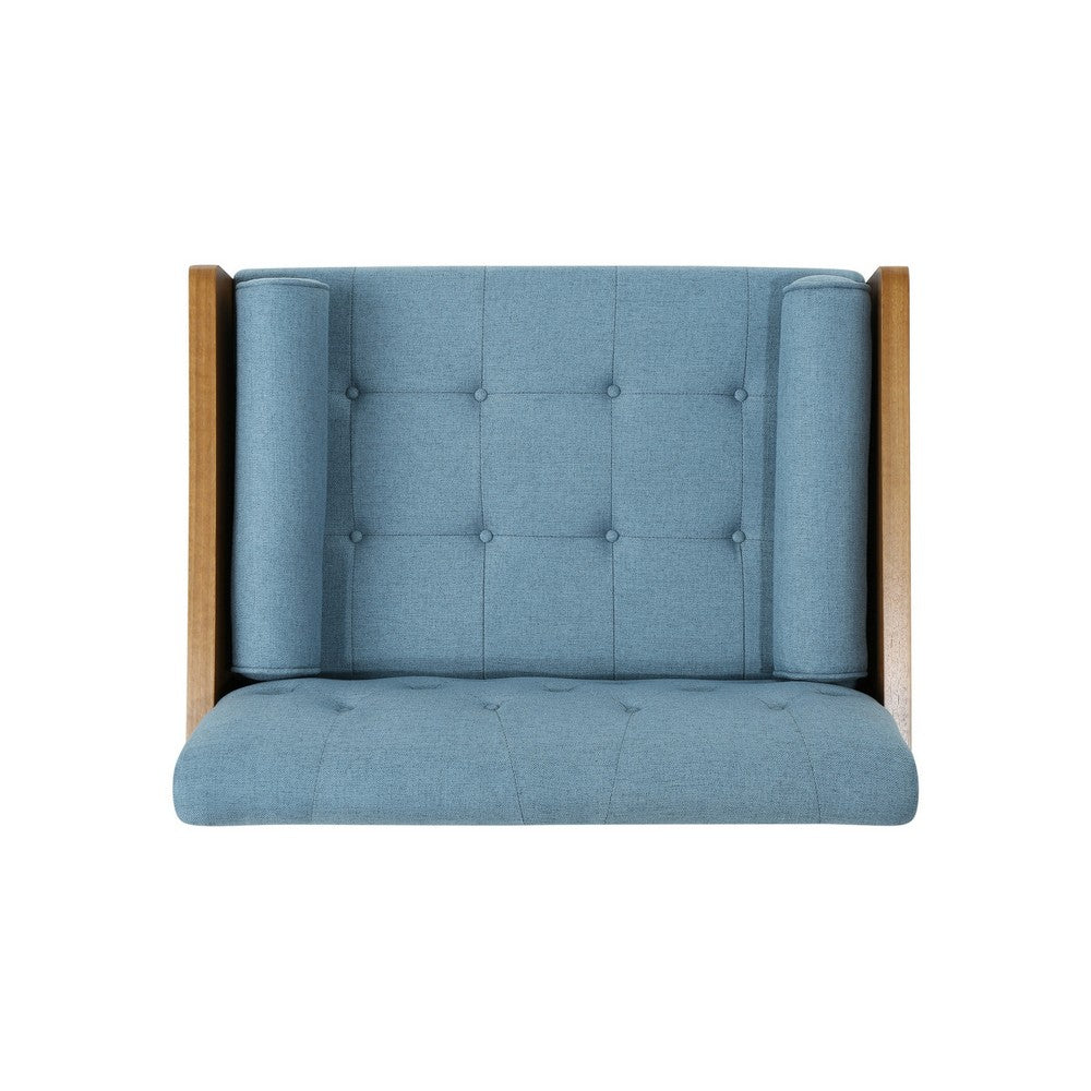 Benjara Lita Wide Accent Club Chair, Tufted, Blue Fabric, Brown Wood Frame