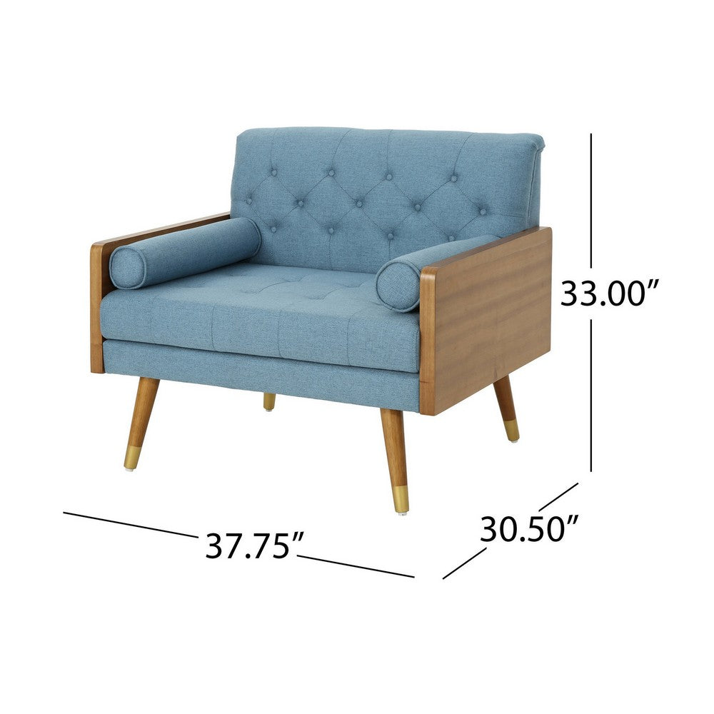 Benjara Lita Wide Accent Club Chair, Tufted, Blue Fabric, Brown Wood Frame