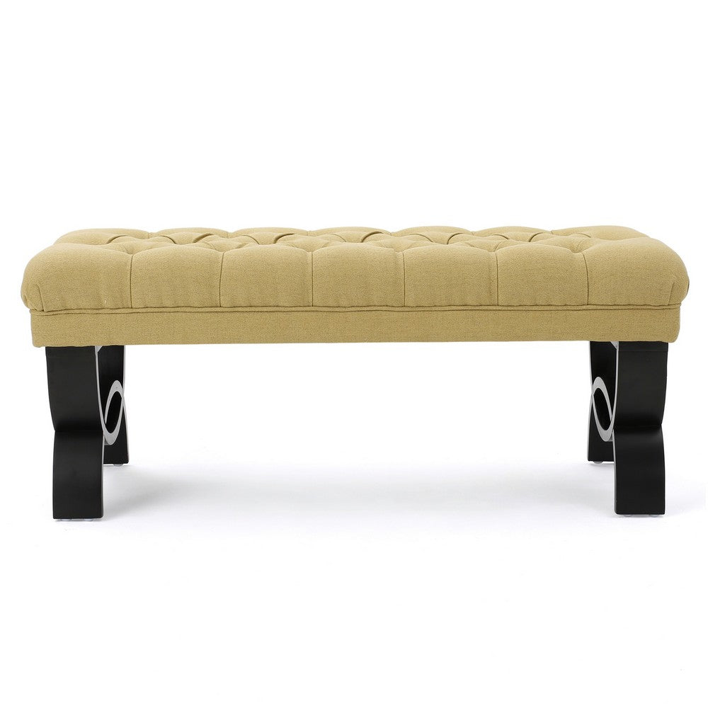 Benjara Riam Ottoman Bench, 41 Inch, Button Tufted, Yellow, Half Circle Legs