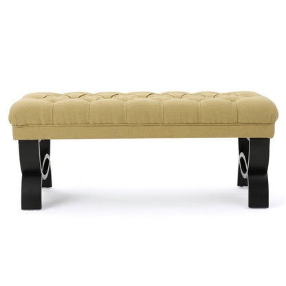 Benjara Riam Ottoman Bench, 41 Inch, Button Tufted, Yellow, Half Circle Legs