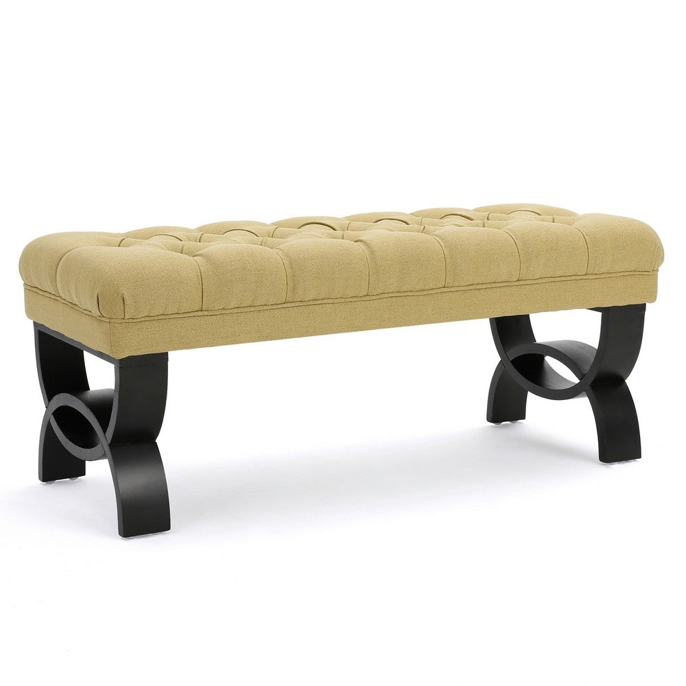 Benjara Riam Ottoman Bench, 41 Inch, Button Tufted, Yellow, Half Circle Legs