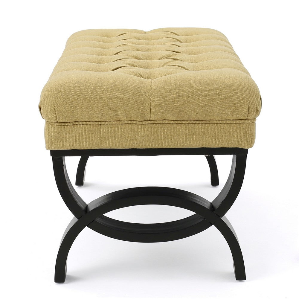 Benjara Riam Ottoman Bench, 41 Inch, Button Tufted, Yellow, Half Circle Legs