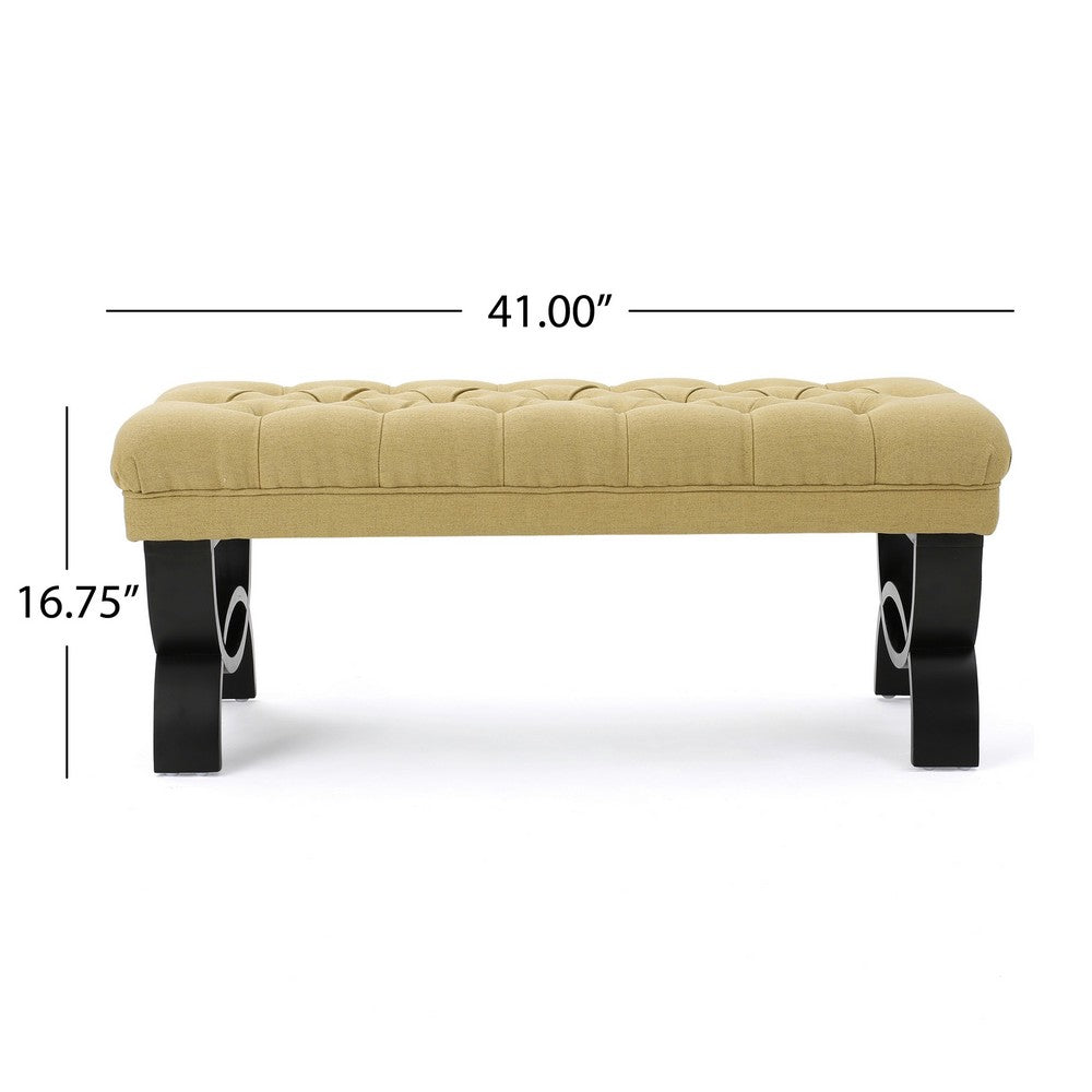 Benjara Riam Ottoman Bench, 41 Inch, Button Tufted, Yellow, Half Circle Legs