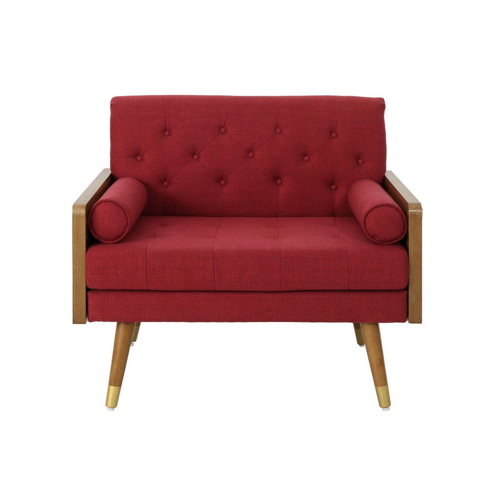 Benjara Lita Wide Accent Club Chair, Button Tufted, Red Fabric, Brown Frame