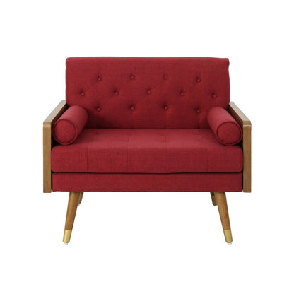 Benjara Lita Wide Accent Club Chair, Button Tufted, Red Fabric, Brown Frame